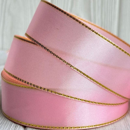 Satinband mit Lurex 2,5 cm Hellrosa+Gold, 33 m Rolle